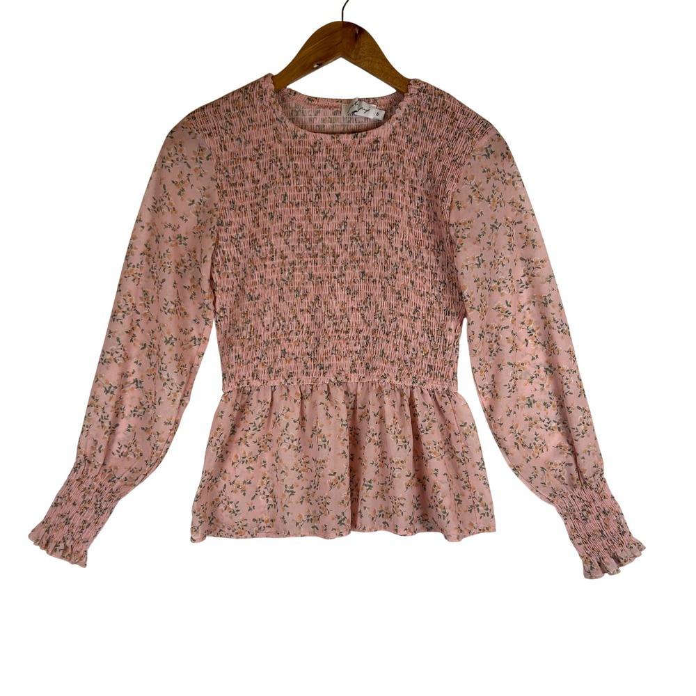 Petal + Pup Pink Floral Smocked Peplum Top Long Sleeve Shirred Blouse Small